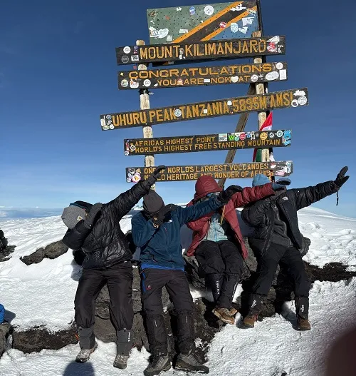 Kilimanjaro summit glaciers and Uhuru Peak at sunrise