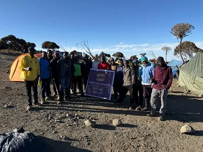 Tented camp on the Shira Plateau with Kibo summit cone rising behind, Lemosho Route